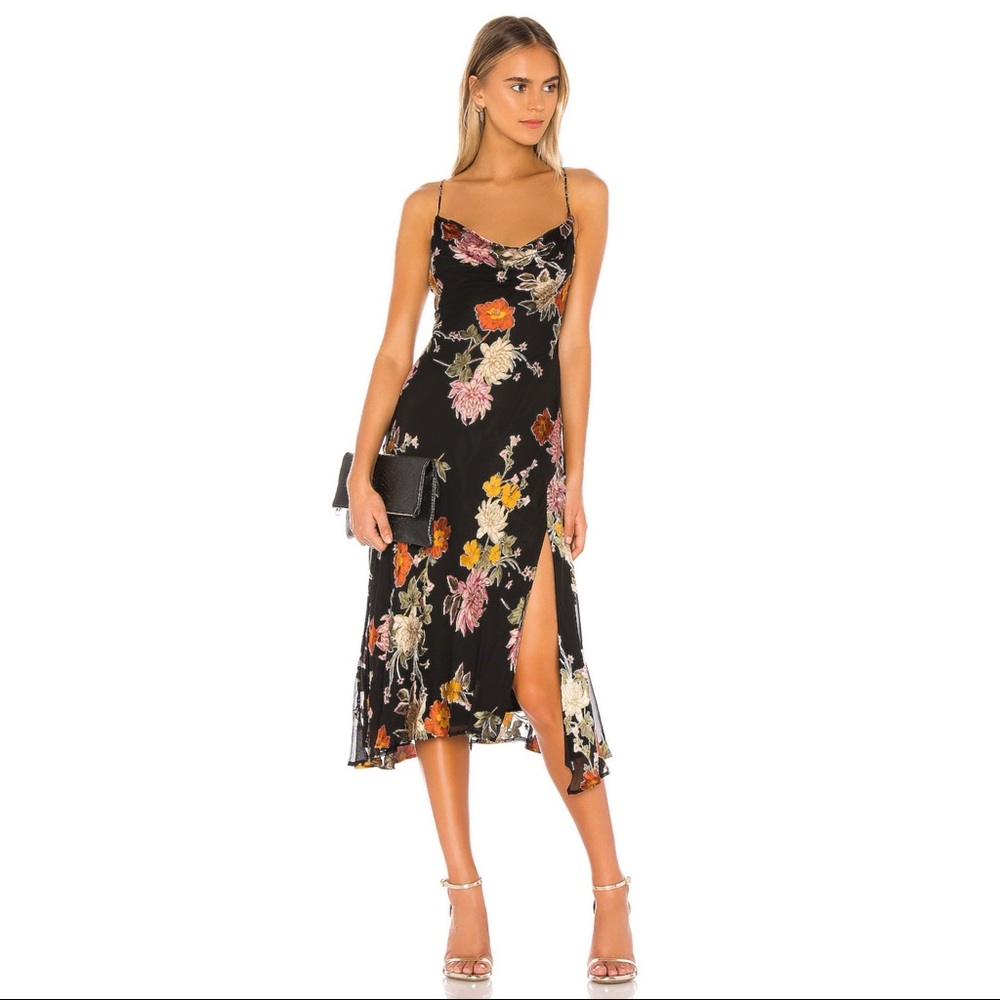 Astr Black Floral Midi Slip Dress with Side Slit
